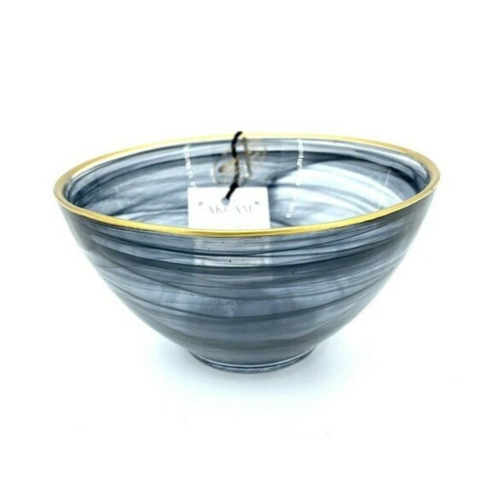 Akcam Turkish Glass Set of 4 Bowls Black Swirl Gold Rim Soup/Cereal 3.25” Deep